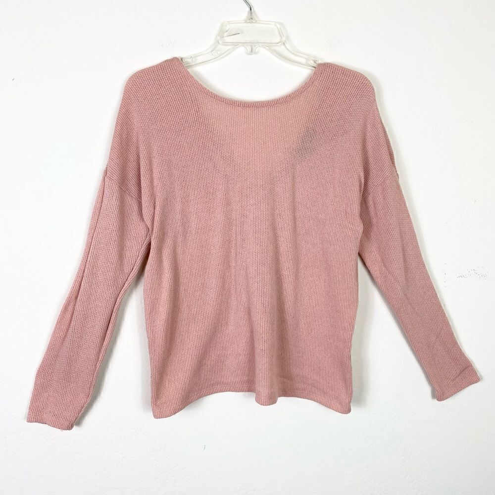 Derek Heart Pink Waffled Thermal Knotted Twist Back Sweater